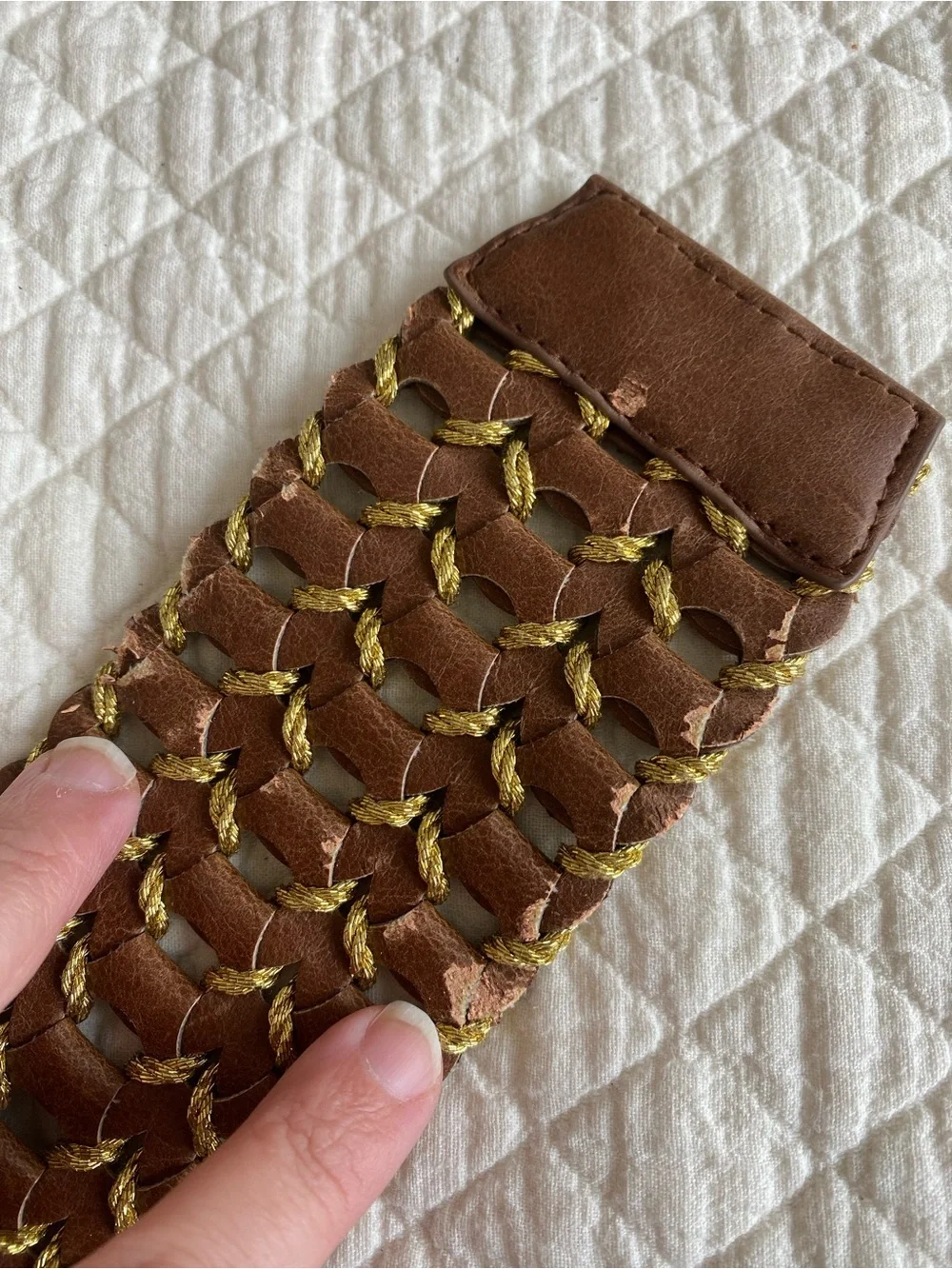 Festival Boho Hippie Wide Woven Braided Brown Faux Leather Gold Belt Small 32”